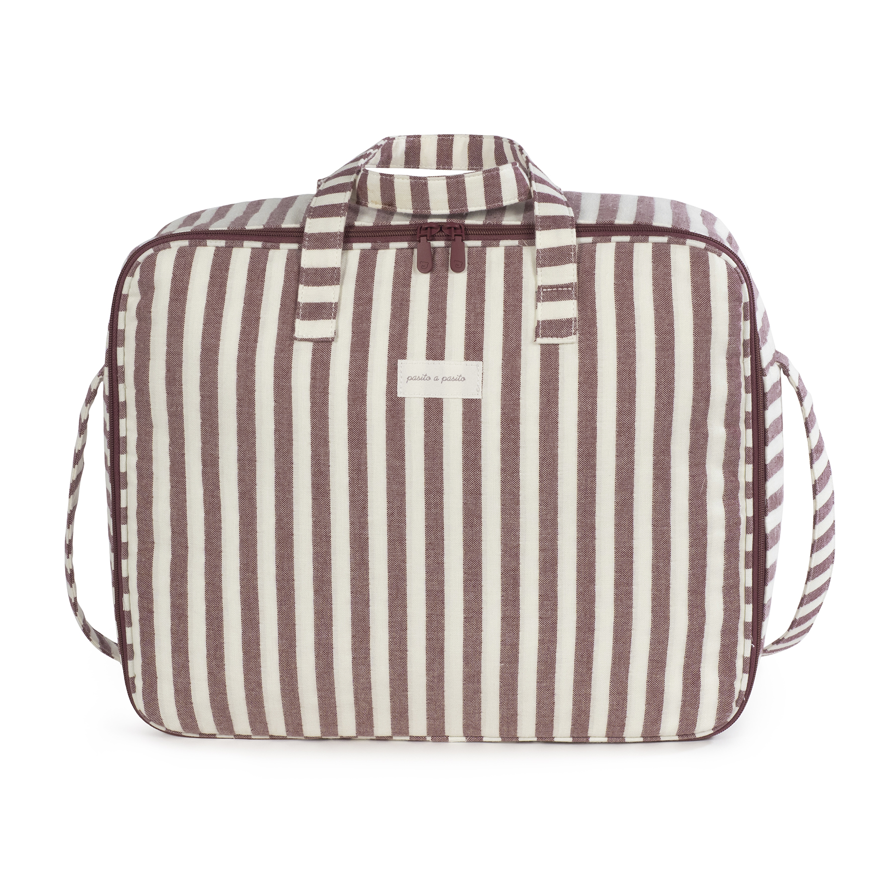 Mala de tecido com riscas creme e castanho e etiqueta pasito a pasito