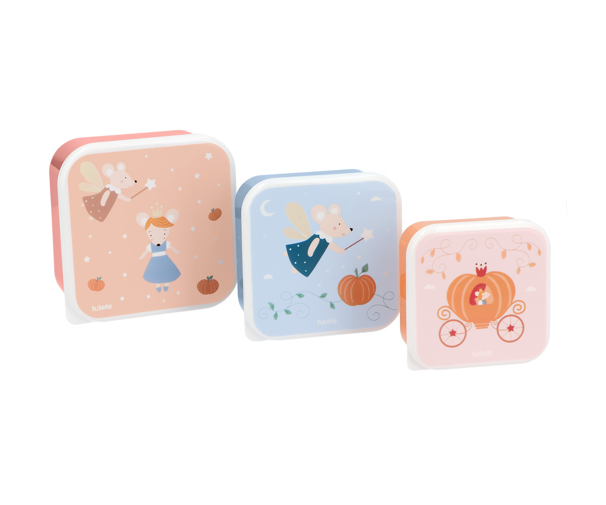 Conjunto de caixas plásticas decoradas com fadas e carruagem de abóbora