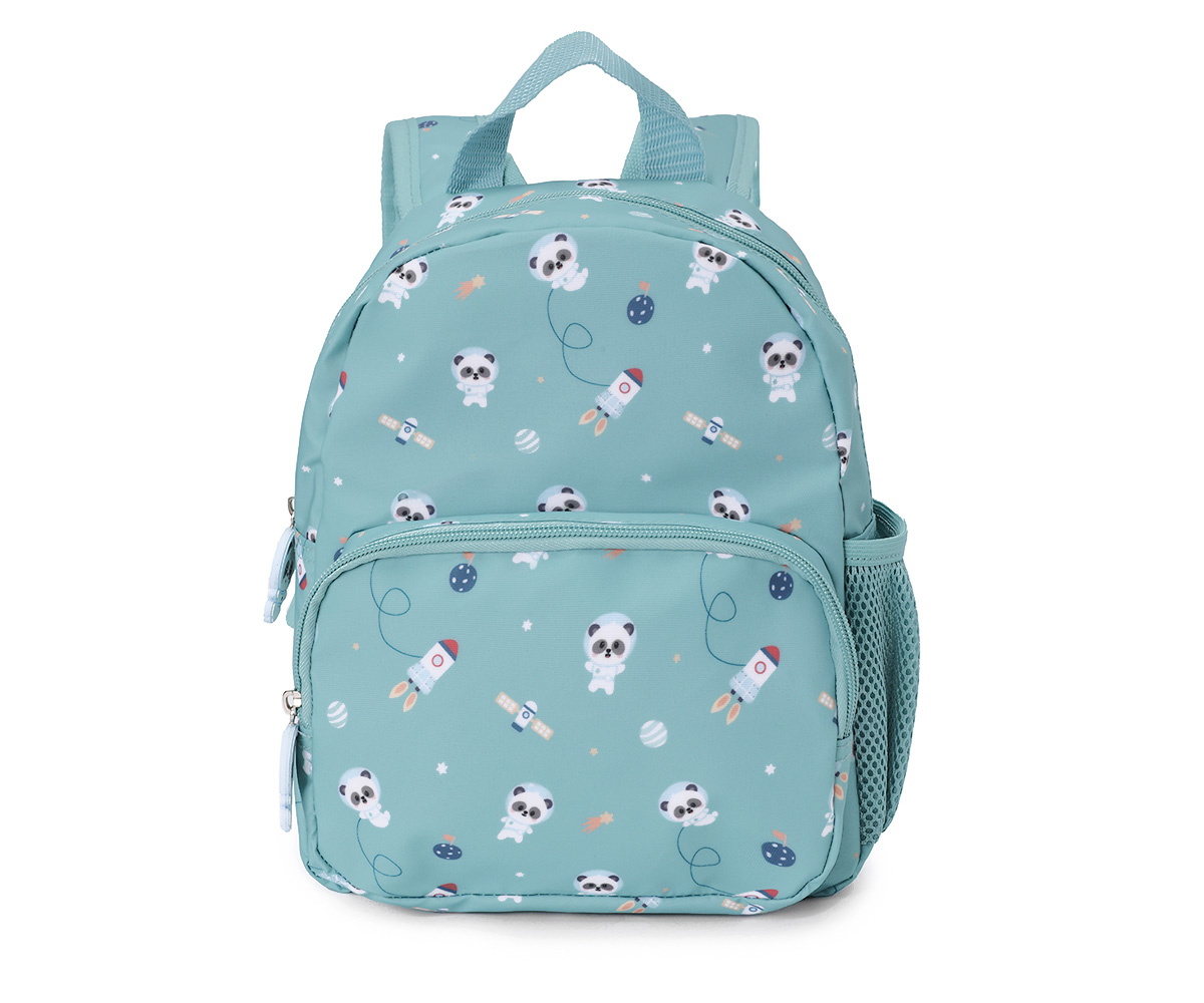 Mochila azul claro com padrão de ursos astronautas e foguetes