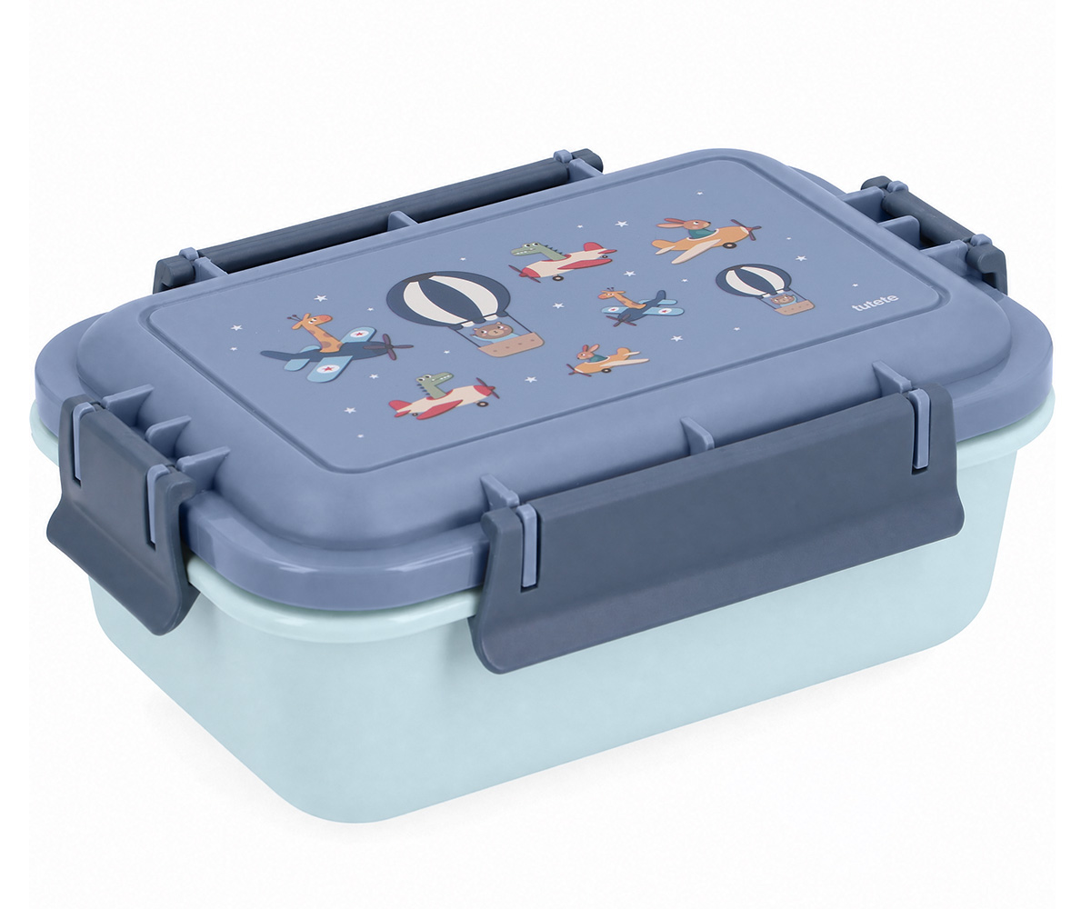 Recipiente plástico azul claro e azul cinzento com desenhos de animais em aviões e balões.
