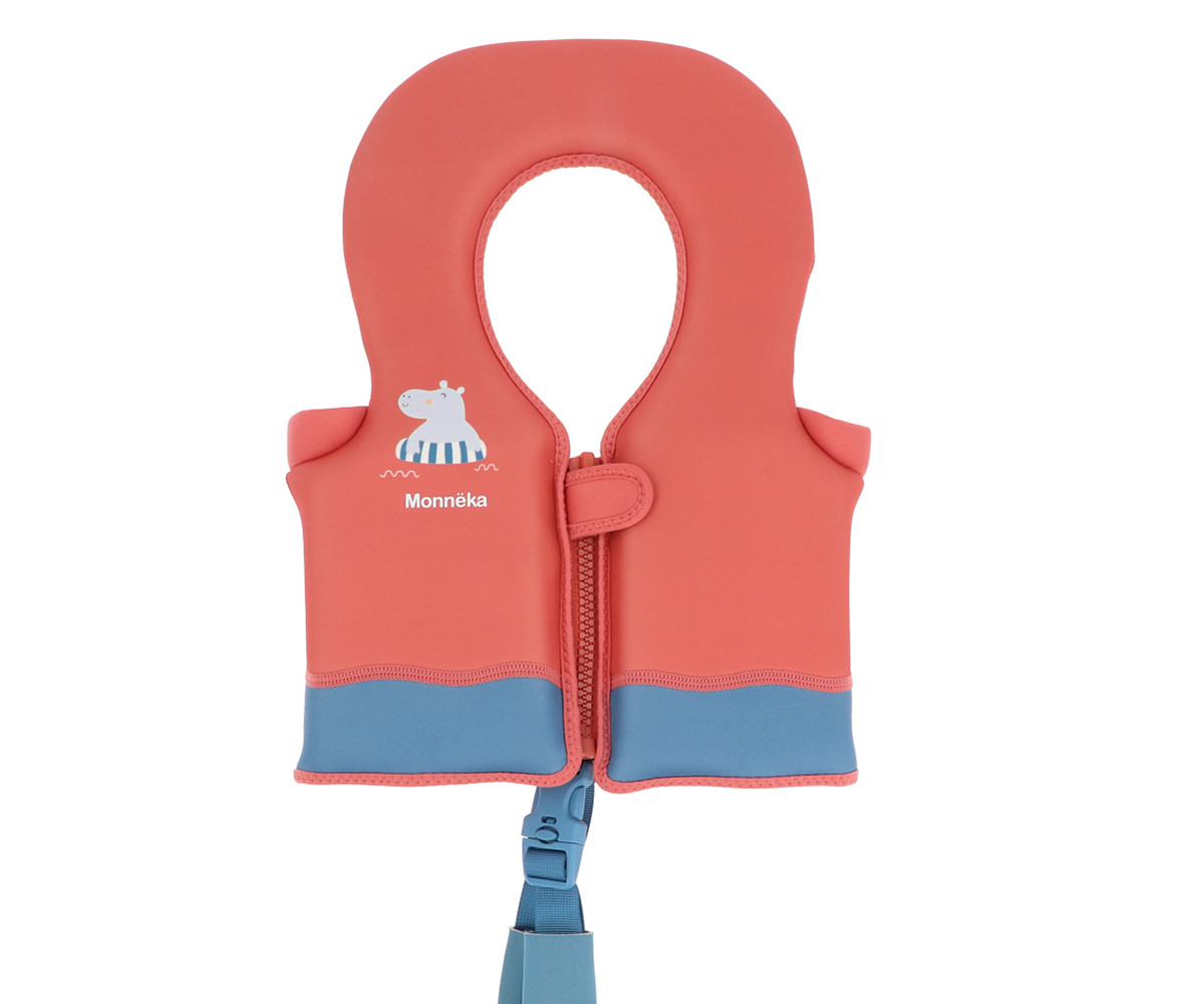 Colete salva-vidas infantil coral e azul com zíper e alça azul