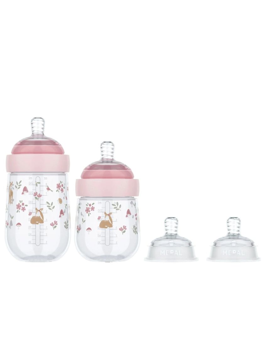 Conjunto de biberões rosa com decoração floral e animal