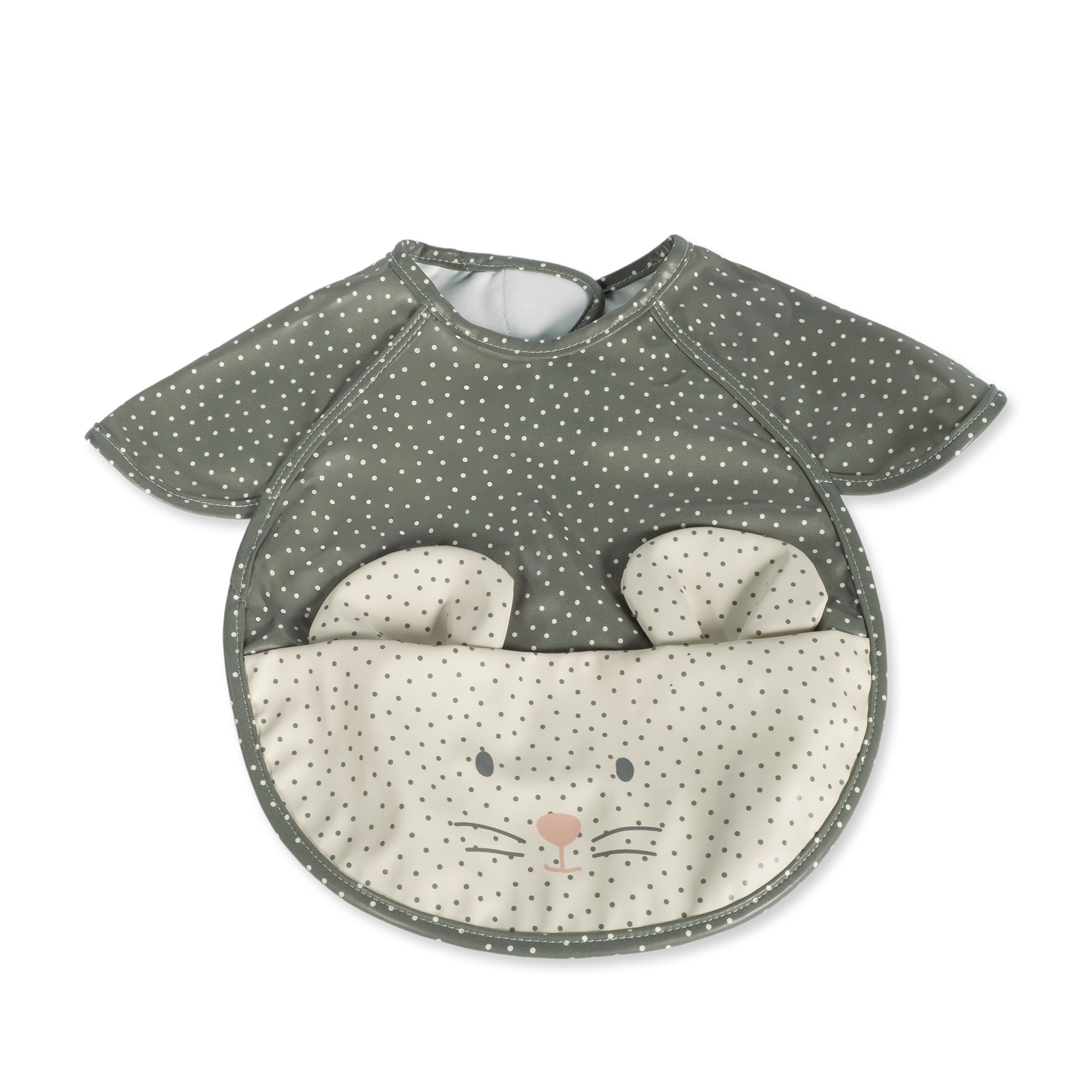 Babete para bebé verde escuro com padrão de bolinhas e rato desenhado em branco