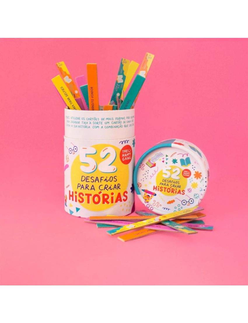 Embalagem colorida com palitos de desafios para criar histórias
