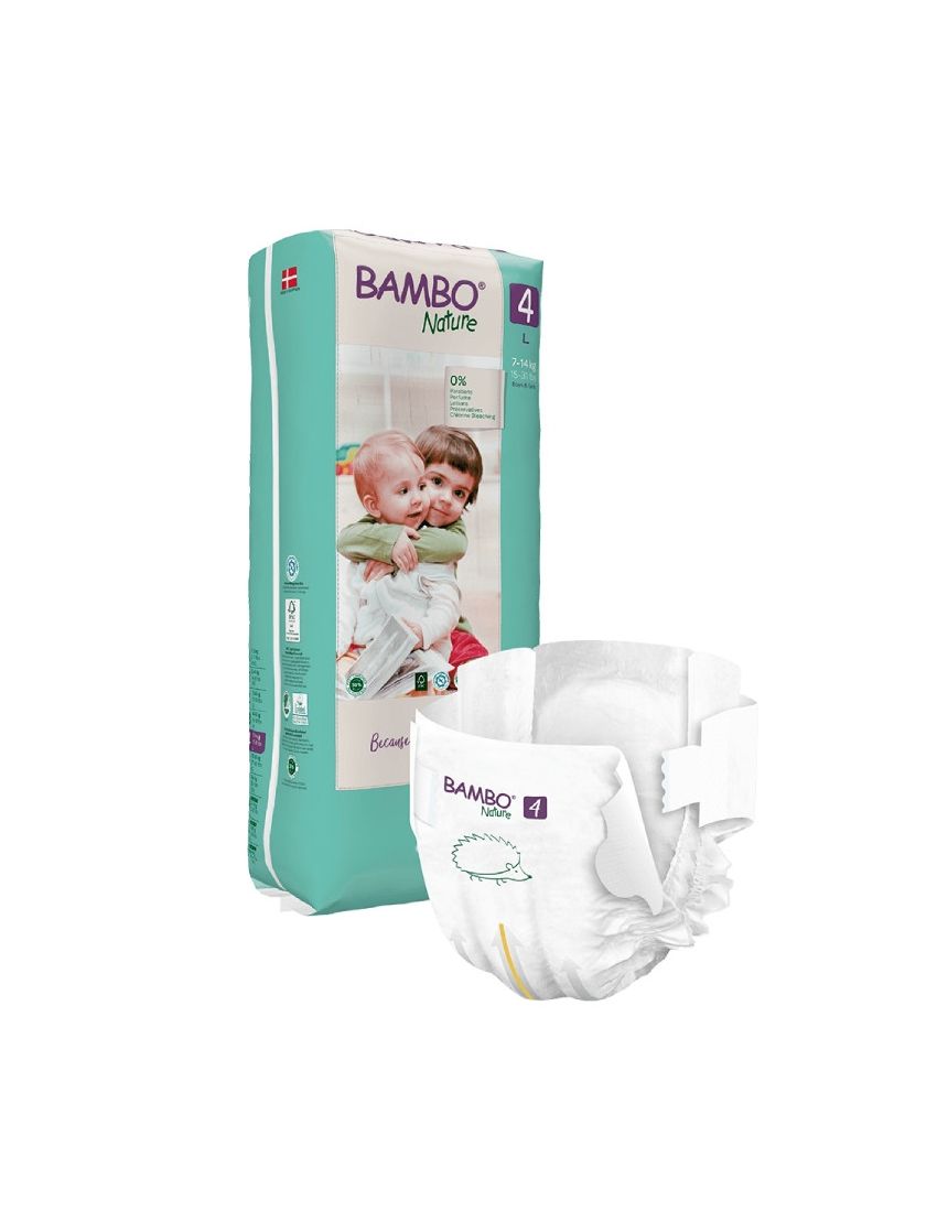 Pacote de fraldas Bambo Nature com imagem de crianças e fralda destacada