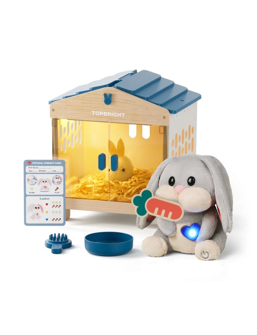 Brinquedo de coelho de peluche cinzento com casinha de madeira e acessórios