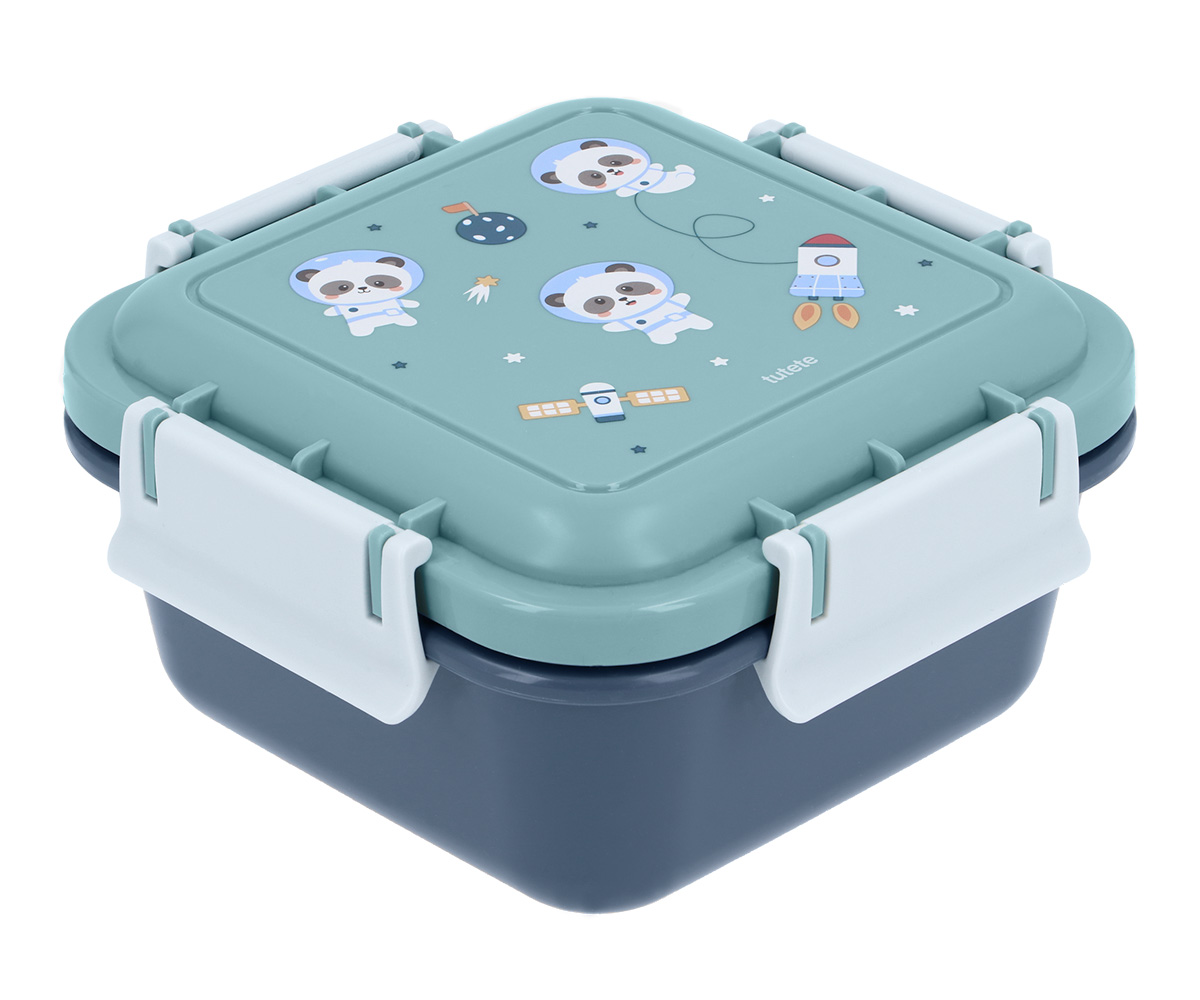 Caixa de armazenamento azul com tampa decorada com pandas astronautas e foguete.