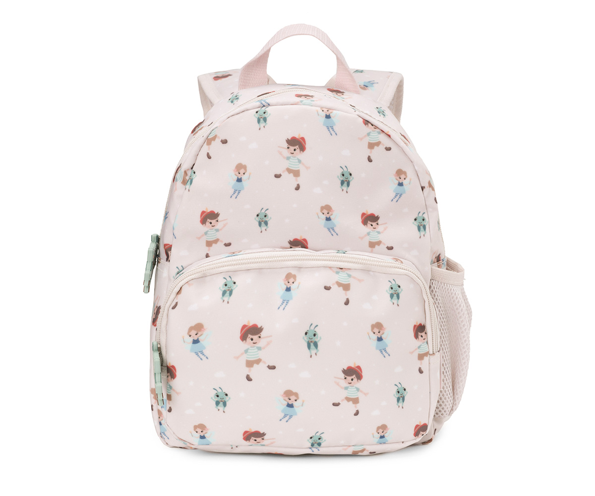 Mochila infantil rosa com padrão de crianças e animais e bolso frontal com fecho