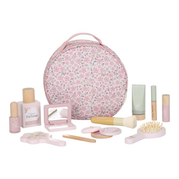 Conjunto de brinquedos de cosméticos rosa com padrão floral e acessórios variados