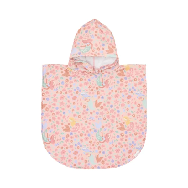 Poncho de criança com capuz e padrão de sereias e flores em tons pastéis