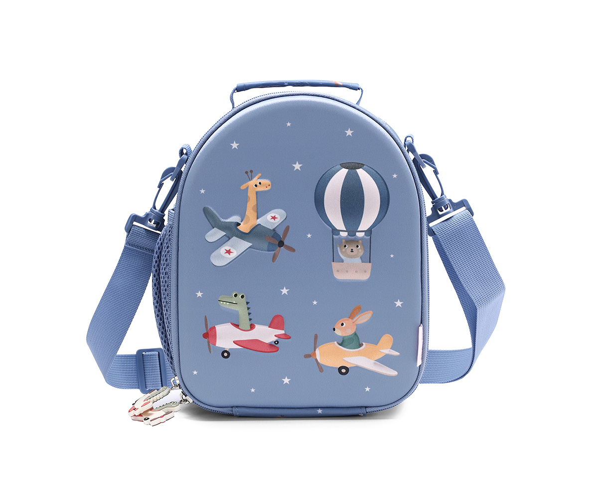 Mochila infantil azul com desenhos de animais em aviões e balão