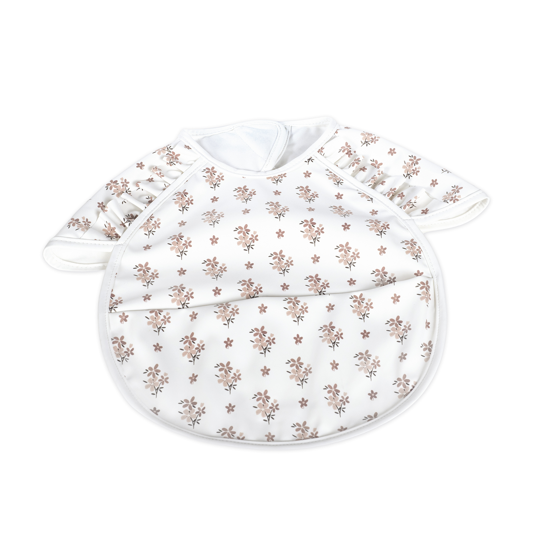 Babete de manga comprida branca com padrão floral castanho