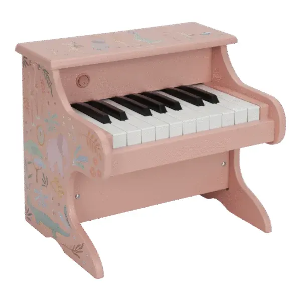Piano infantil cor-de-rosa com teclas brancas e pretas e decoração colorida nas laterais e topo