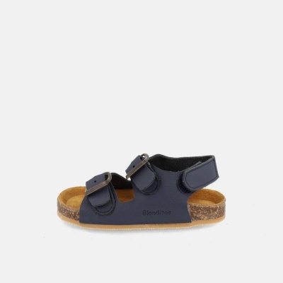 Sandália infantil azul escuro com tiras e sola castanha