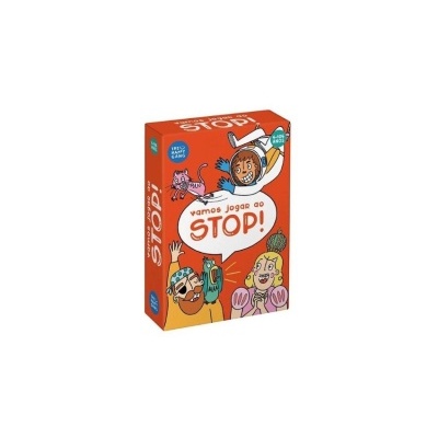 Caixa do jogo de cartas vamos jogar ao STOP! com ilustrações coloridas e texto em fundo laranja.