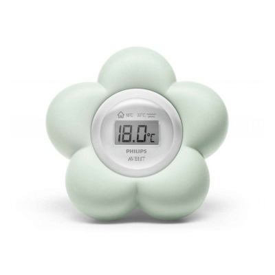 Termómetro digital em forma de flor verde clara PHILIPS AVENT a mostrar 18.0°C em visor.