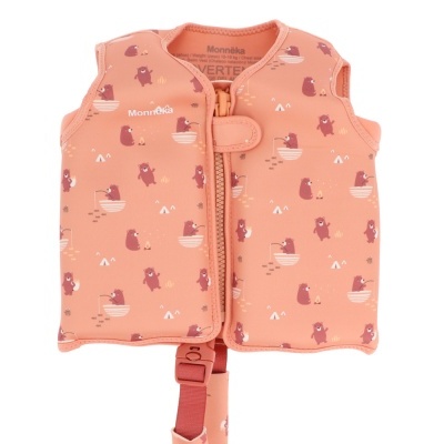 Colete salva-vidas para bebé cor de pêssego com padrão de ursos e fecho frontal.