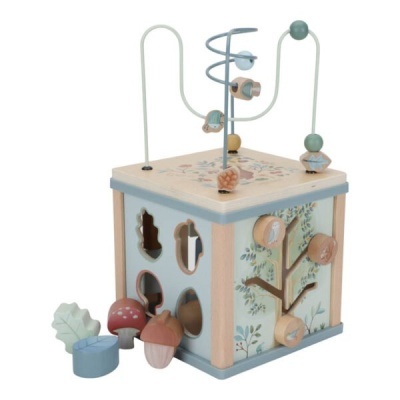 Brinquedo educativo de madeira colorido com formas para encaixar e elementos móveis