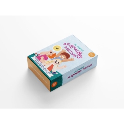 Caixa de afirmações positivas com ilustração colorida de crianças e sol