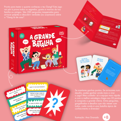 Jogo de cartas A Grande Batalha lá de casa com caixa vermelha e cartas coloridas