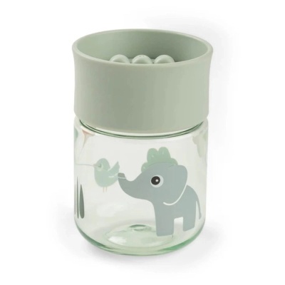 Frasco de vidro com tampa verde e ilustração de elefante e pássaro