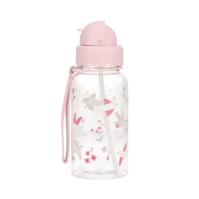 Garrafa de plástico com tampa rosa e desenhos coloridos de pássaros e flores