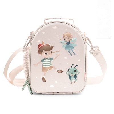 Mala infantil bege claro com personagens de desenho animado e alça ajustável.
