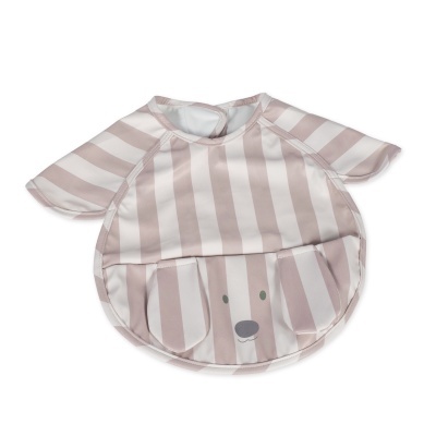 Babete rosa às riscas com bolso e desenho de cão