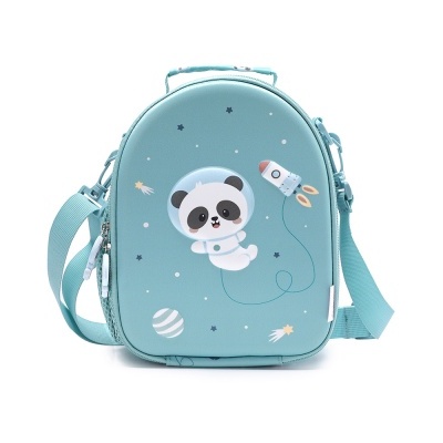 Mala de ombro azul com desenho de panda astronauta e foguetão
