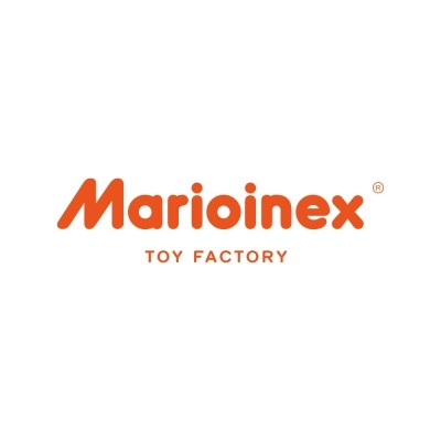 Logótipo laranja Marioinex com texto TOY FACTORY em fundo branco