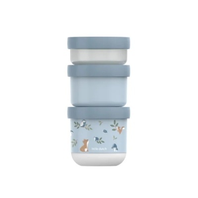 Conjunto de três caixas de armazenamento azuis e brancas com tampa azul e ilustração de animais