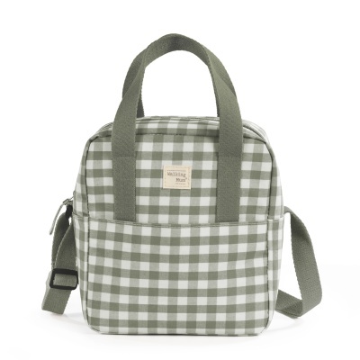 Mala de mão xadrez verde e branco com alças largas verdes e etiqueta Walking Mum