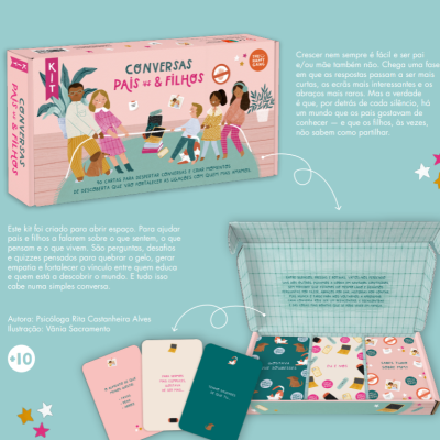 Kit de cartas 'Conversas Pais vs & Filhos' em caixa ilustrada com cartas coloridas