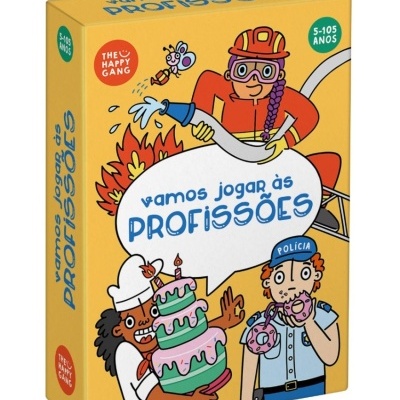 Caixa amarela de jogo 'vamos jogar às PROFISSÕES' com ilustrações de bombeiro, cozinheira e polícia.