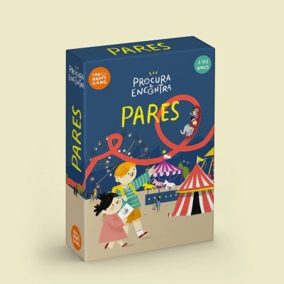 Caixa de jogo infantil 'Procura & Encontra Pares' com ilustrações de crianças e parque de diversões.