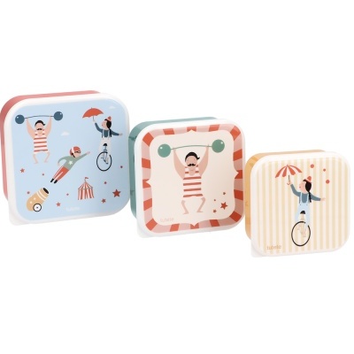 Três caixas metálicas decorativas com ilustrações de circo e texto tutete