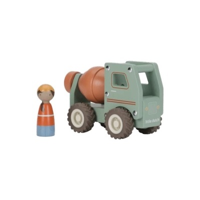 Camião betoneira de brinquedo verde com figura humana de madeira