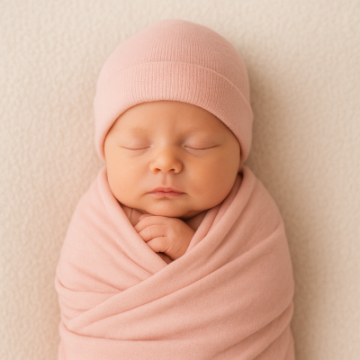 Bebé adormecido em tecido rosa com gorro rosa numa superfície creme