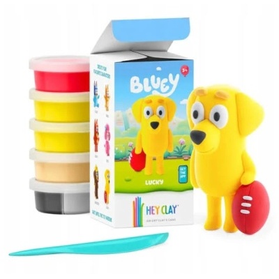 Conjunto de modelagem Hey Clay com figura amarela de cão e potes de massa colorida