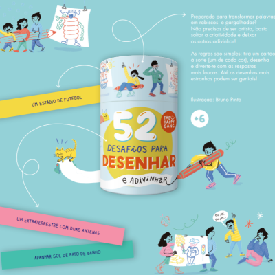 Embalagem cilíndrica colorida para 52 desafios para desenhar e adivinhar, com ilustrações de crianças e frases em português.