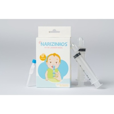 Kit de lavagem nasal Narizinhos com seringas e embalagem branca para criança