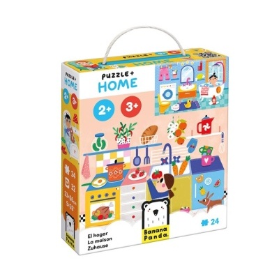 Caixa de puzzle PUZZLE+ HOME para idades 2+ e 3+ com imagem de cozinha colorida e 24 peças