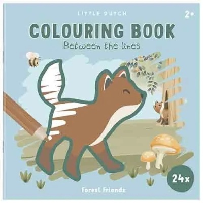 Livro de colorir Little Dutch com desenho de esquilo e cogumelos em fundo azul claro