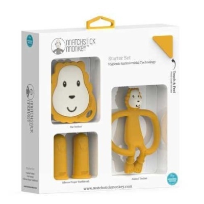 Conjunto Starter Set de mordedores Matchstick Monkey em embalagem branca e amarela