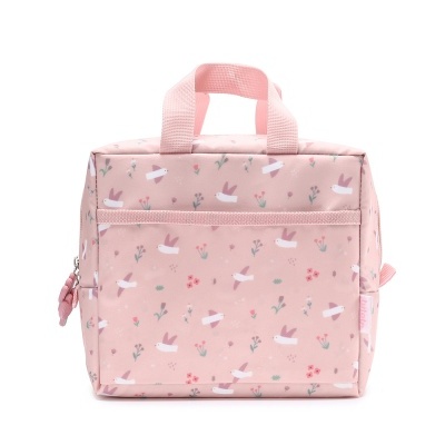 Bolsa cor-de-rosa com padrão de pássaros e flores e alças curtas