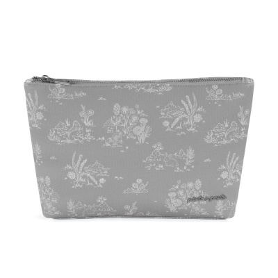 Necessaire cinzenta com padrão branco de coelhos e flores e fecho de correr metálico