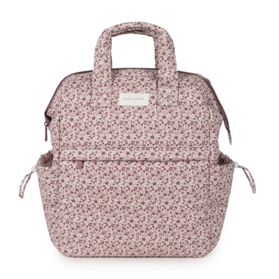 Mochila floral rosa e vinho com alças curtas e bolsos laterais