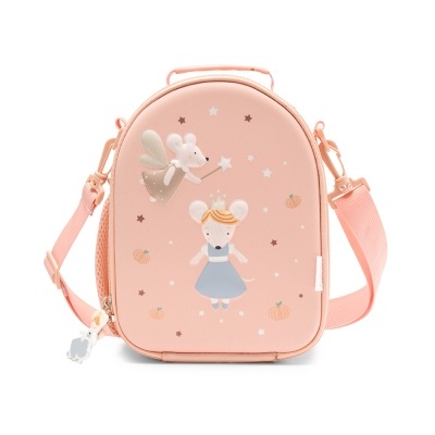 Mochila infantil rosa claro com desenhos de ratos e estrelas