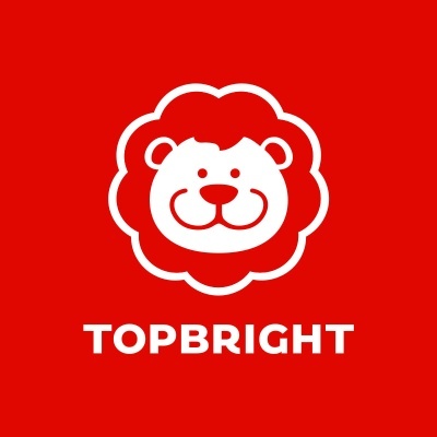 Logótipo branco de leão com texto TOPBRIGHT em fundo vermelho