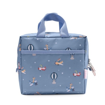 Bolsa azul com padrão infantil de animais em aviões e balões